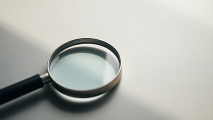 Magnifying glass on a textured surface, highlighted by soft directional lighting in a minimalist setup.