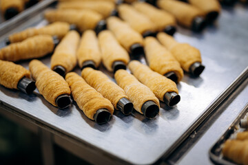 Unbaked puff pastry tubes on tray ready for cream filling in bakery kitchen