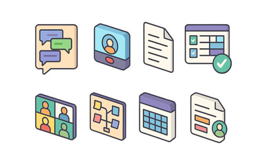 Communication and productivity icon set. office tools and apps 3d collection