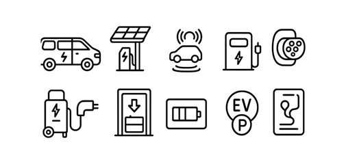 Electric vehicles outline icon set. charging, sustainable mobility line icons collection