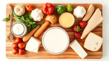 Fresh dairy products neatly arranged on a wooden surface, highlighting their natural appeal.