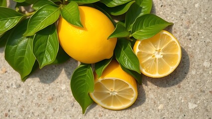 Bright yellow lemon with green leaves on a stone surface, captured in natural daylight from above.