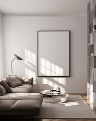 Modern Living Room Poster Frame Mockup with Natural Light and Minimalist Decoration. 3D render.