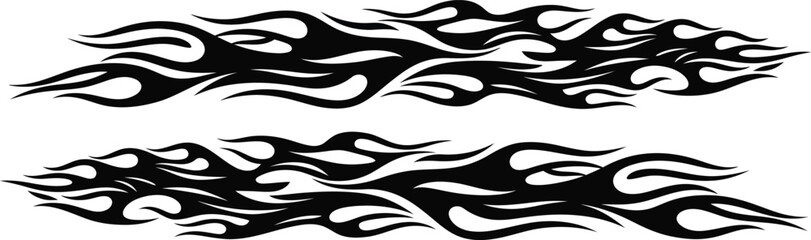 Obraz premium Tribal flame vinyl decals for car side body, black fire racing stripes vector, hot rod automotive pinstriping graphics, 2 flame elements eps