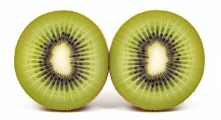 Fototapeta premium Vibrant close-up of two kiwi slices on a white background.