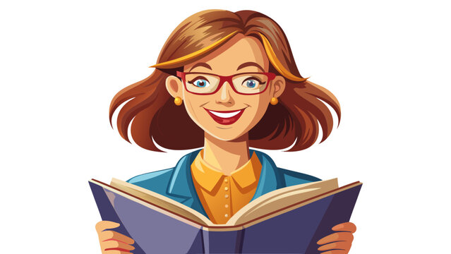 Close-up portrait of female teacher holding open book with warm smile. Isolated white background conveys knowledge, nurturing spirit, and passion for teaching.