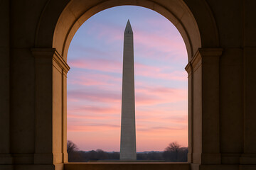 Washington Monument framed by archway at sunset