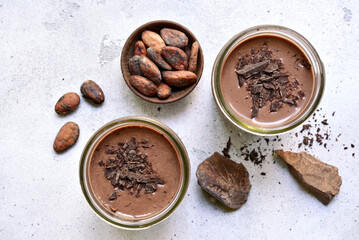 Chocolate banana smoothie. Top view with copy space.