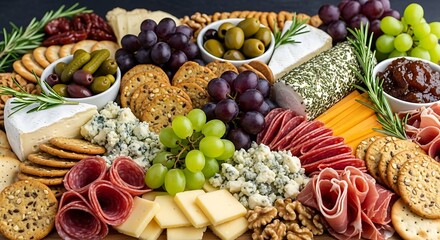 Gourmet Charcuterie Board with Cheese, Cured Meats, Grapes, and Crackers.
