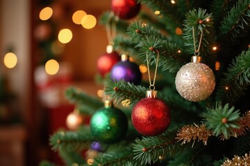 Colorful Christmas tree ornaments hanging on green pine branches, sparkling with lights and tinsel. The background is softly blurred with warm holiday glow