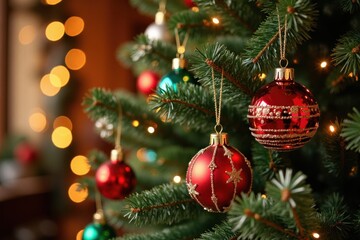 Colorful Christmas tree ornaments hanging on green pine branches, sparkling with lights and tinsel. The background is softly blurred with warm holiday glow