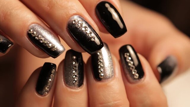 Black nail silver glitter rhinestone manicure fashion hand shiny elegant beauty creative nail art with glossy black and sparkling silver polish, sophisticated design featuring rhinestones