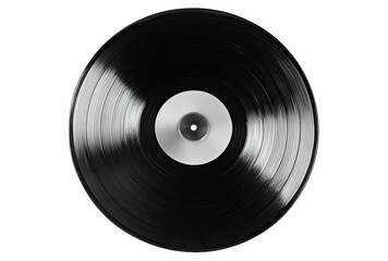 Close-up of a black vinyl record, showing grooves and a white label