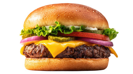 Close-up of a juicy cheeseburger.  Fresh, delicious, and perfectly seasoned.  Topped with lettuce, tomato, onion, pickles, and cheese.  Golden brown bun
