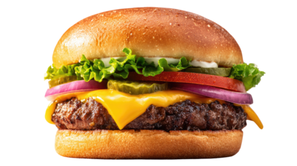 Close-up of a juicy cheeseburger.  Fresh, delicious, and perfectly seasoned.  Topped with lettuce, tomato, onion, pickles, and cheese.  Golden brown bun