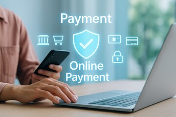 Secure online payment process digital workspace technology application modern office environment close-up view e-commerce concept