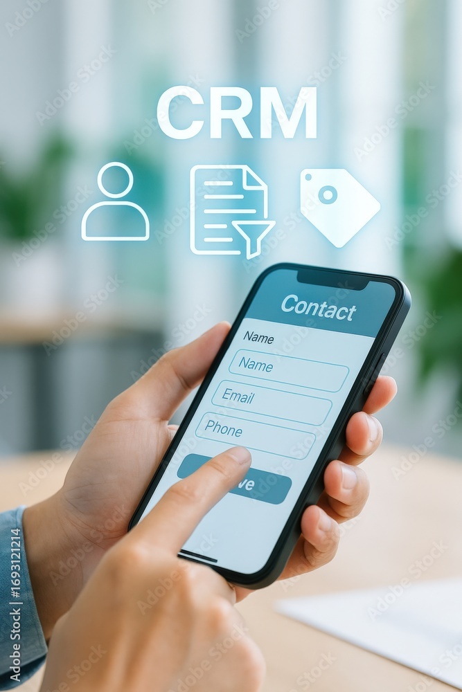 Aufkleber crm management on mobile streamlining customer interactions office setting digital interface modern 