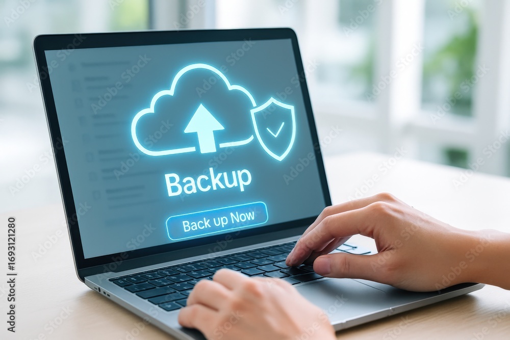 Aufkleber data backup process demonstration on laptop home office digital content indoor close-up view technol