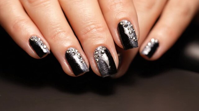 Black nail polish silver rhinestone glitter gradient manicure hand finger art glossy fashion beauty elegant shiny nails create glamorous look with sparkling decoration and modern style for special