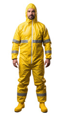 Young caucasian male in yellow hazmat suit with reflective stripes standing