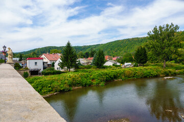 Bridge and sculpture in picturesque landscape of Bardo, Lower Silesia, Poland