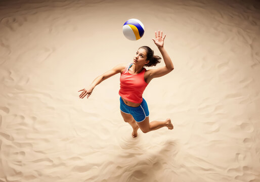 A sand volleyball player in mid-jump displays an expression of concentration and determination.