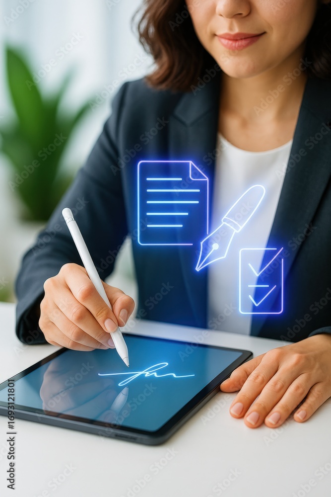 Aufkleber digital signature process office environment business document signing professional setting close-up