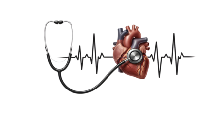 Medical stethoscope and human heart superimposed on an electrocardiogram line, isolated on transparent background