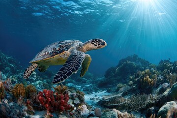 Fototapeta premium Sea turtle swimming over vibrant coral reef. Sunlight streams through the water