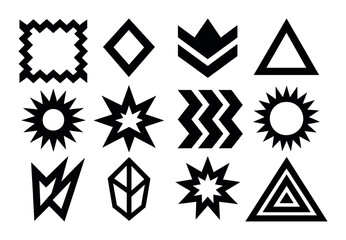 Geometric shapes silhouette icon set. featuring zigzag, starburst, triangle, diamond, chevron, hexagon symbols.