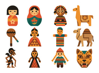 Cultural figures flat icon set. featuring dolls, llama, mask, warrior, and cat symbols.