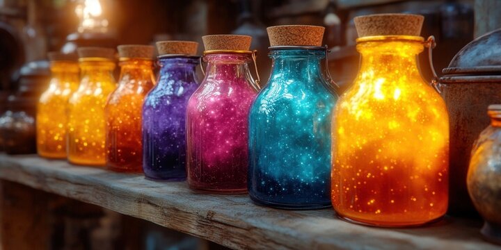 Magical potion bottles in a row, each with a unique vibrant color and a mystical glow.