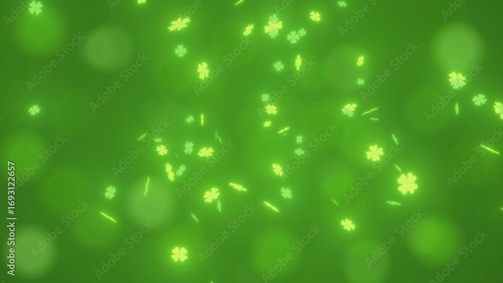 Poster luminous green bokeh images featuring floating four-leaf clovers. abstract st. patrick's day backgro