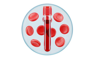 Blood sample in test tube with red blood cells isolated on transparent background