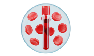 Blood sample in test tube with red blood cells isolated on transparent background
