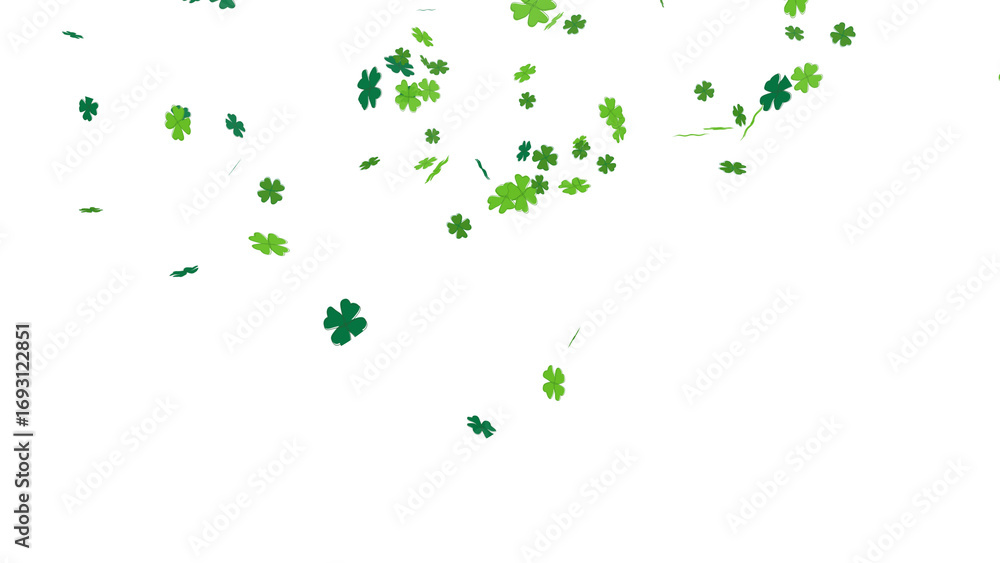 Poster falling green four-leaf clovers for st. patrick's day celebration. abstract shamrock confetti illust