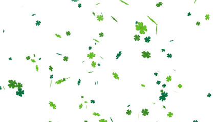 Dynamic composition of green four-leaf clover images falling randomly. Festive St. Patrick's Day graphic element. Lucky shamrocks with bokeh effect on a transparent background for design.