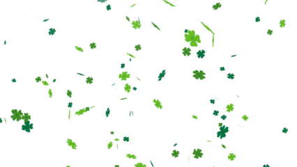 Dynamic composition of green four-leaf clover images falling randomly. Festive St. Patrick's Day graphic element. Lucky shamrocks with bokeh effect on a transparent background for design.