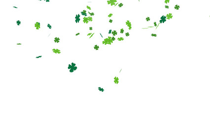Falling green four-leaf clovers for St. Patrick's Day celebration. Abstract shamrock confetti illustration with bokeh effect, isolated on a transparent background for easy overlay and design use.
