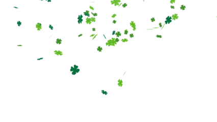 Falling green four-leaf clovers for St. Patrick's Day celebration. Abstract shamrock confetti illustration with bokeh effect, isolated on a transparent background for easy overlay and design use.