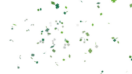 Collection of green four-leaf clovers gracefully falling. A festive St. Patrick's Day background element with lucky shamrocks and a subtle bokeh effect. Image isolated on a transparent background.