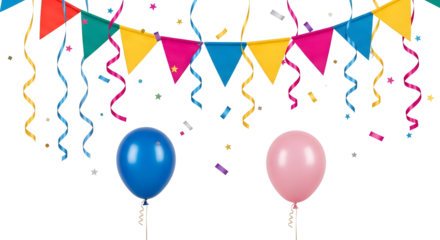 Colorful celebration bunting, streamers, confetti, and two balloons one blue, one pink isolated on transparent background