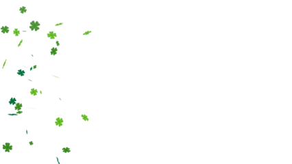 Falling green four-leaf clovers for St. Patrick's Day celebration. Abstract shamrock leaves symbolizing good luck on a transparent background, perfect for festive designs and bokeh effects.