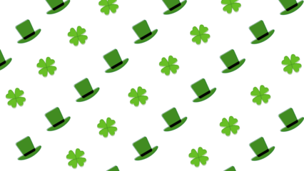 St. Patrick's Day seamless pattern with green leprechaun hats and four-leaf clovers. Festive Irish holiday background element for celebrations and design. Isolated on a transparent background.