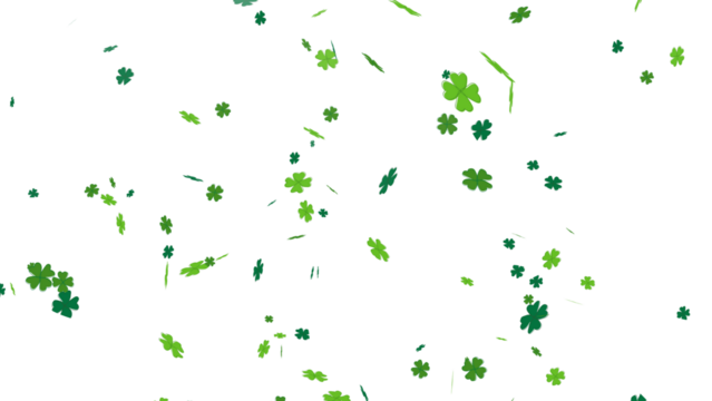 Dynamic composition of green four-leaf clover images falling randomly. Festive St. Patrick's Day graphic element. Lucky shamrocks with bokeh effect on a transparent background for design.