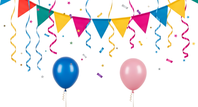 Colorful celebration bunting, streamers, confetti, and two balloons one blue, one pink isolated on transparent background - Powered by Adobe
