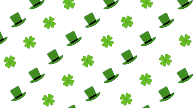 St. Patrick's Day seamless pattern with green leprechaun hats and four-leaf clovers. Festive Irish holiday background element for celebrations and design. Isolated on a transparent background. - Powered by Adobe