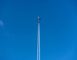 Airplane in flight, contrail against a clear blue sky
