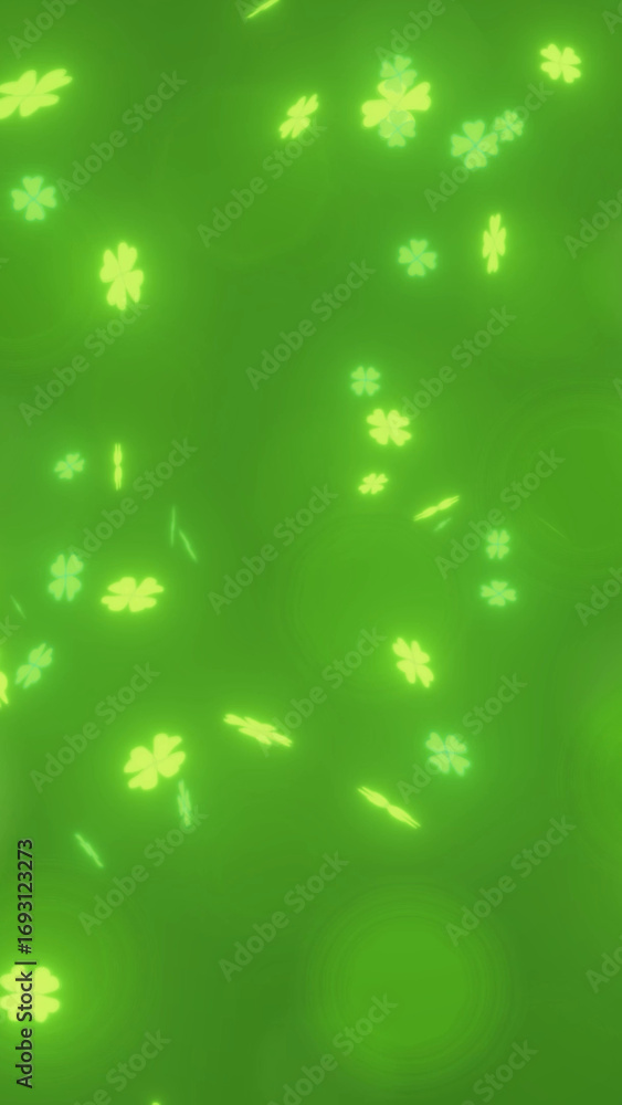 Poster st. patrick's day green bokeh images background with glowing shamrocks and four-leaf clovers. abstra
