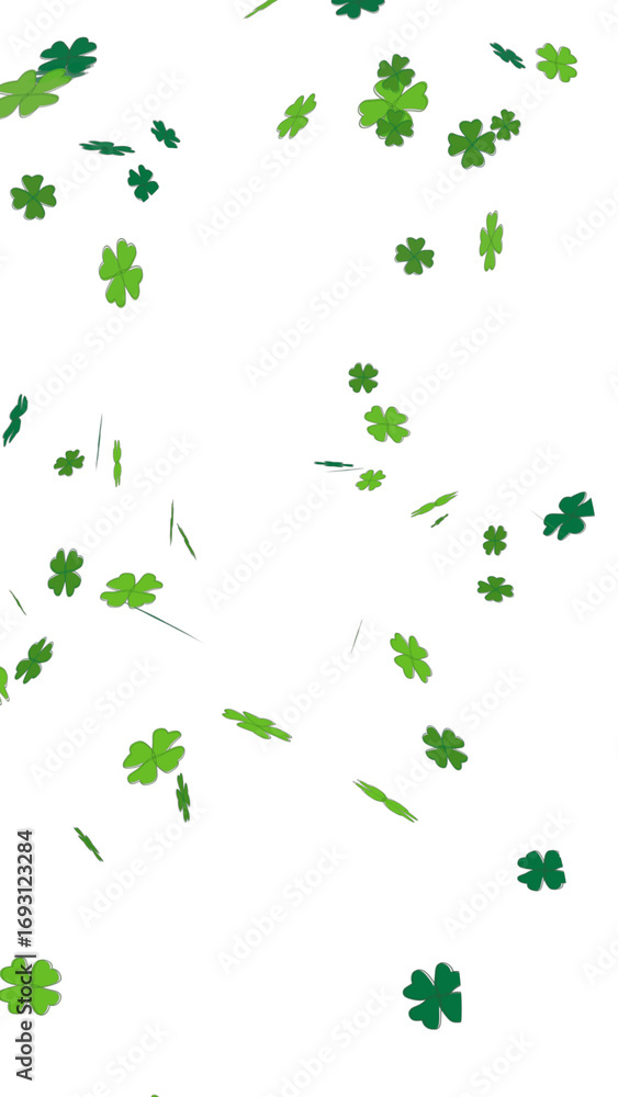 Poster collection of green four-leaf clover images falling with a bokeh effect. st. patrick's day lucky cha